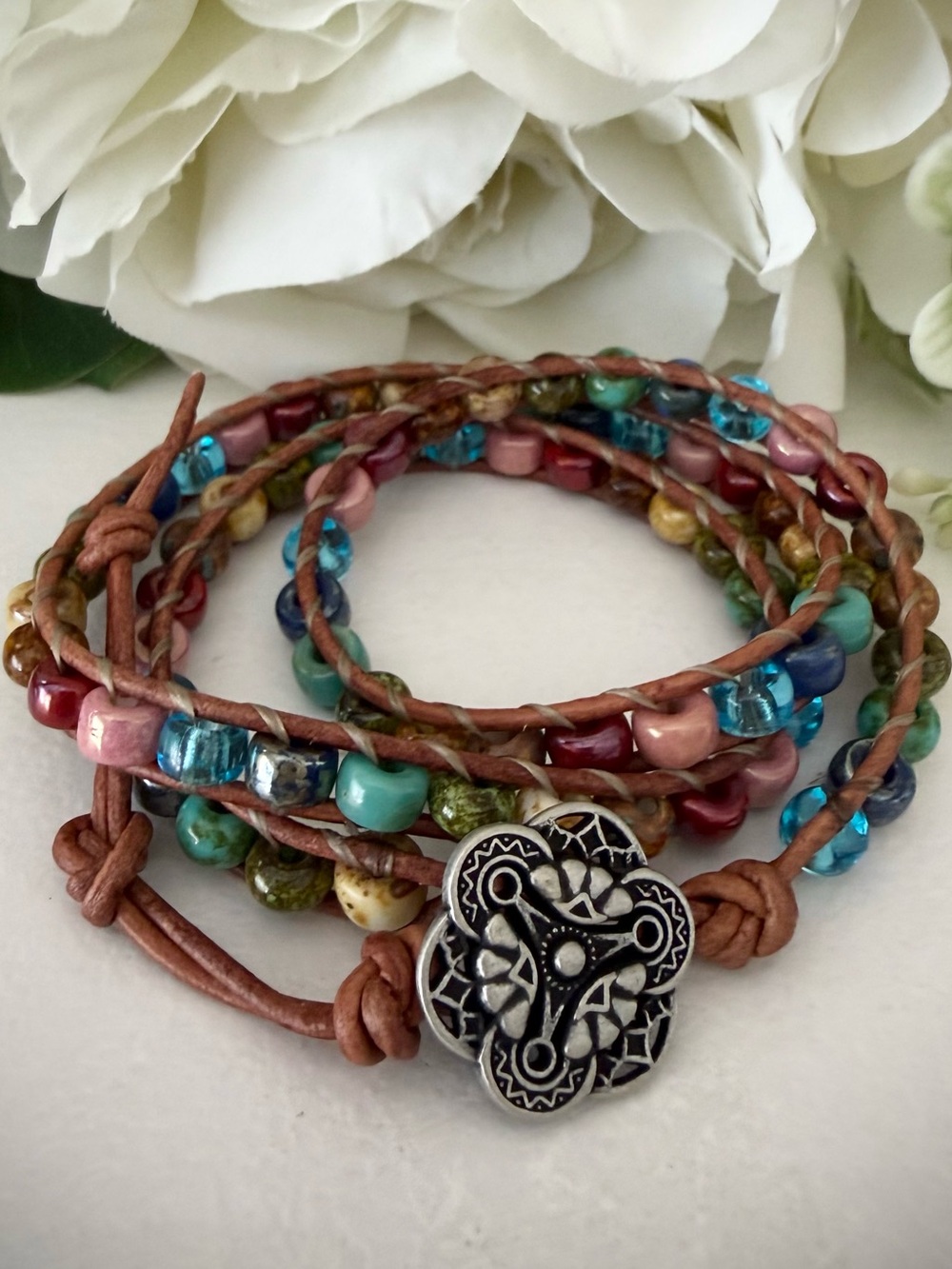 Boho Bead Triple Wrap Leather Bracelet